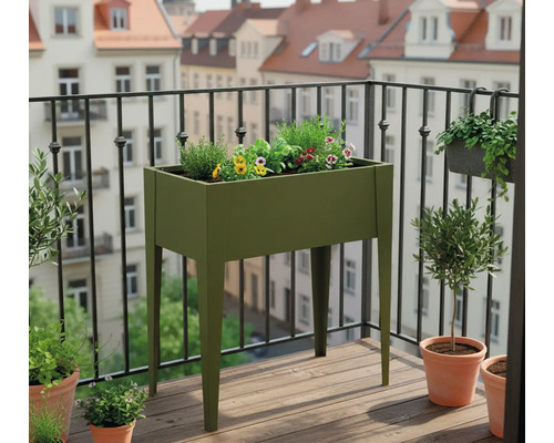 Photo d'un balcon avec un potager surélevé, planté de fleurs et d'herbes aromatiques
