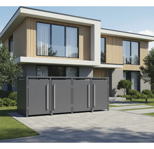 Mülltonnenbox vor modernem Haus mit Garten