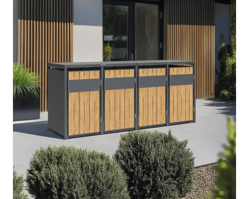 Cache-conteneurs pour quatre poubelles en métal et bois