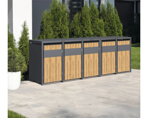 Plusieurs abris poubelles en métal et bois pour l'extérieur