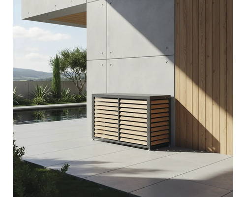 Aufbewahrungsschrank für den Außenbereich mit Lamellentüren auf einer Terrasse