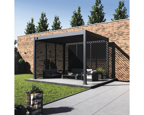 Salon de jardin moderne avec pergola et meubles de salon sur terrasse avec pelouse