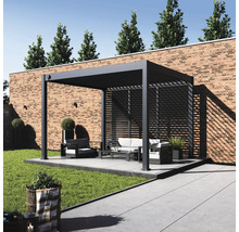 Scène de jardin avec pergola, coin salon et pelouse