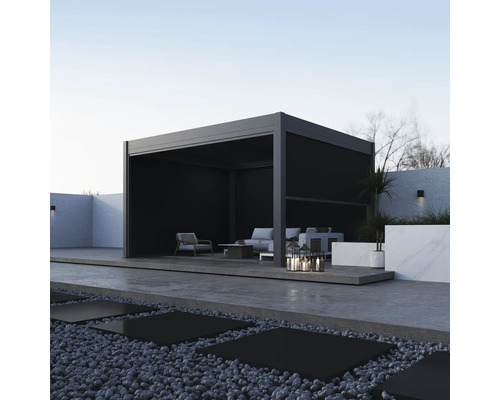 Pergola moderne avec meubles et décoration sur une terrasse