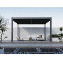 Pergola moderne avec coin salon dans l'espace extérieur.