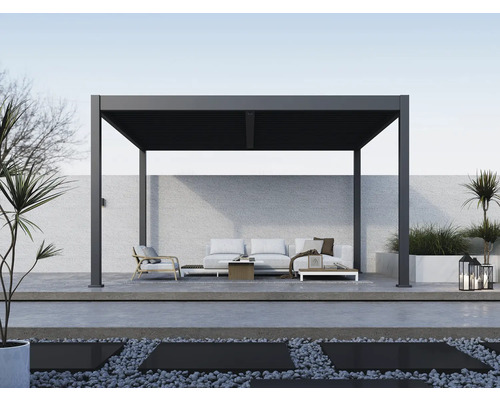 Carport Paragon Grand Tuscan 1214 370 x 433 cm anthracite Pergola moderne avec coin salon dans l'espace extérieur.