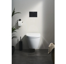 Wand-WC im Badezimmer mit Betätigungsplatte, Toilettenpapierhalter und Pflanzen