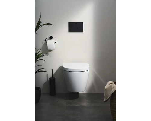 Wand-WC im Badezimmer mit Betätigungsplatte, Toilettenpapierhalter und Pflanzen