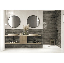 Salle de bain moderne avec double vasque, miroirs ronds et carreaux foncés