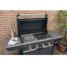 Barbecue à gaz avec grille et plaque de cuisson, surface de rangement, ustensiles de barbecue, salière et poivrière