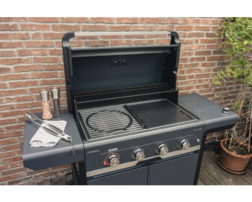 Barbecue à gaz avec grille et plaque de cuisson, surface de rangement, ustensiles de barbecue, salière et poivrière