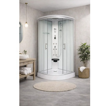 Komplette Duschkabine mit Glastüren, Sitz und Duschpaneel im Badezimmer