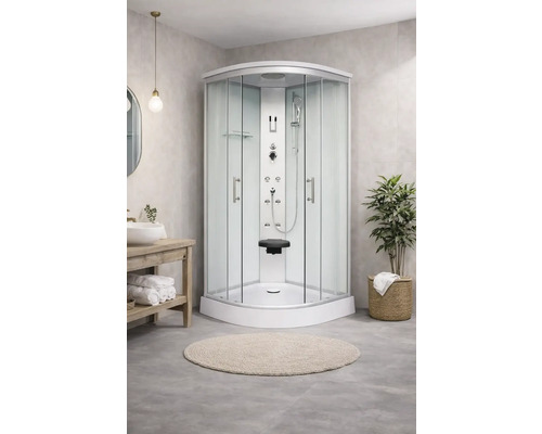 Komplette Duschkabine mit Glastüren, Sitz und Duschpaneel im Badezimmer