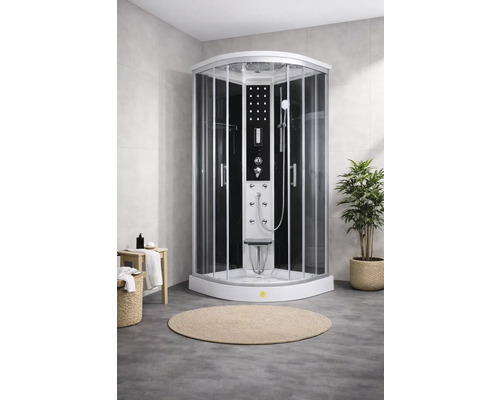 Cabine de douche complète avec douche d'angle, colonne de douche et receveur de douche dans la salle de bain.