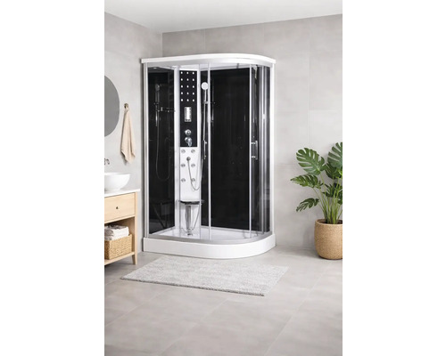 Komplette Duschkabine mit schwarzer Rückwand im Badezimmer