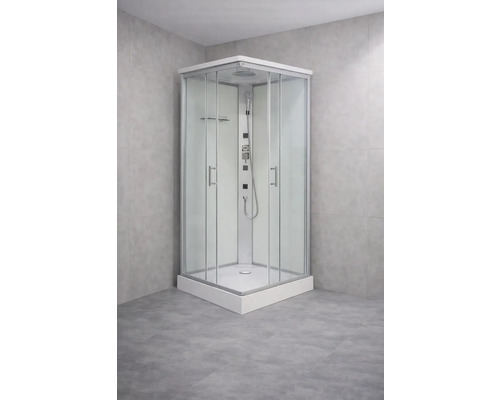 Duschkabine mit Glastüren und Duschsäule im Badezimmer