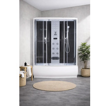 Cabine de douche complète avec panneau de commande, pomme de douche et portes coulissantes dans la salle de bain