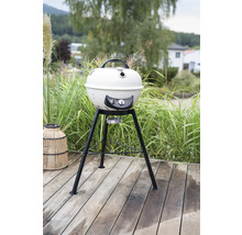 Kugelgrill auf einer Holzterrasse mit Grünpflanzen im Hintergrund.