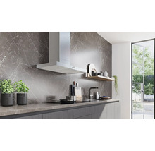 Moderne Küche mit Dunstabzugshaube, Spüle und Kochfeld.