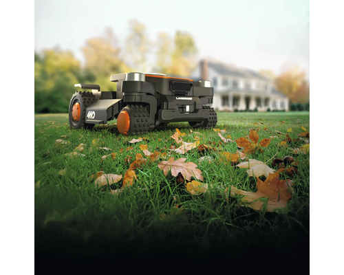 Robot tondeuse Landroid sur pelouse avec feuilles