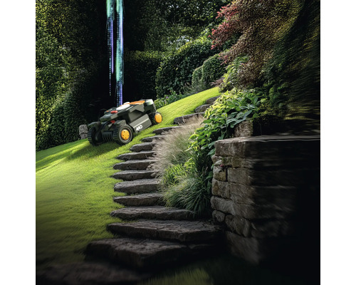Scène avec un robot tondeuse dans un jardin avec un escalier en pierre et une végétation luxuriante