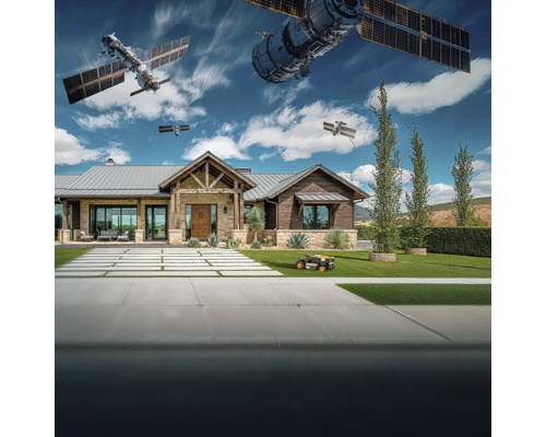 Scène d'une maison avec un robot tondeuse et des satellites dans le ciel