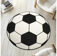Tapis rond avec motif de ballon de football sur plancher en bois