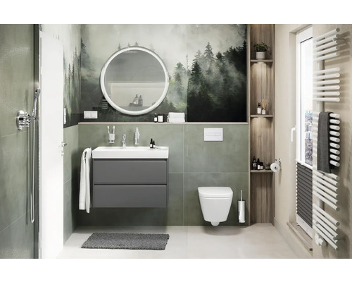 Salle de bains moderne avec lavabo, miroir, toilettes et radiateur.