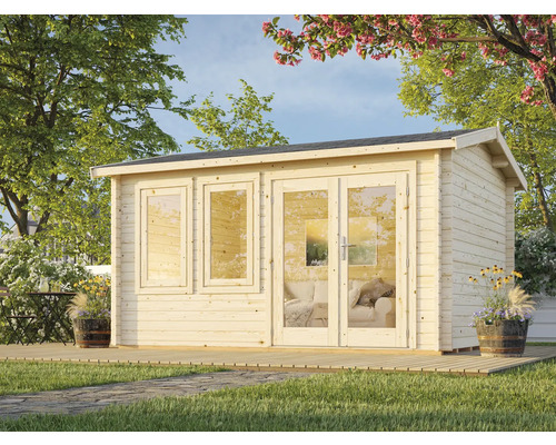 Abri de jardin avec fenêtres et porte double sur une terrasse