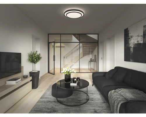 Helles Wohnzimmer mit Sofa, Couchtisch, Zimmerpflanze und Deckenleuchte