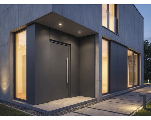 Maison moderne avec porte d'entrée grise et grandes fenêtres