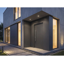 Modernes Haus mit Haustür, Fenstern und Steinweg