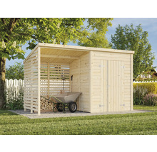 Abri de jardin en bois avec remise à outils et bûcher dans le jardin