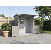 Armoire de jardin en métal avec fenêtre et portes ouvertes sur une terrasse