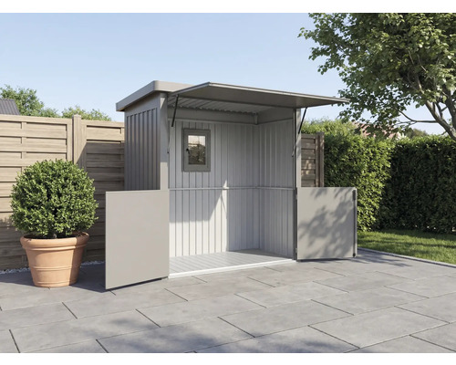 Armoire de jardin en métal avec fenêtre et portes ouvertes sur une terrasse