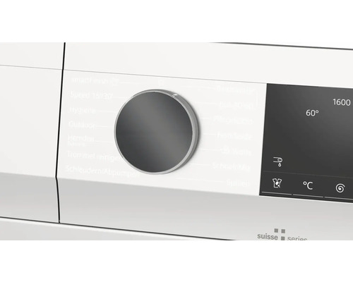 Nahaufnahme des Bedienfelds einer Waschmaschine mit Programmwähler und Display