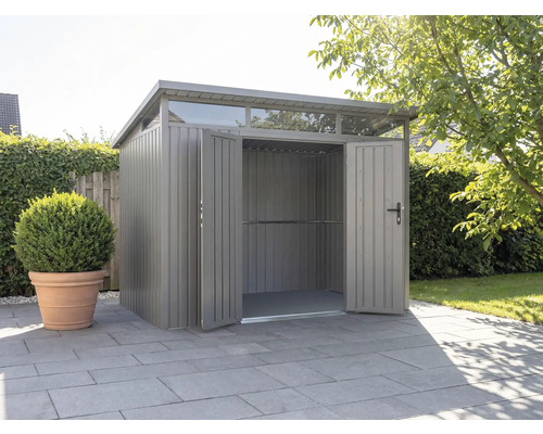 Abri de jardin en métal avec double porte et lanterneau