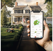 Scène avec un robot tondeuse sur une pelouse et une main tenant un smartphone avec une application pour contrôler le robot
