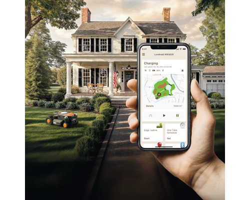 Scène avec un robot tondeuse sur une pelouse et une main tenant un smartphone avec une application pour contrôler le robot