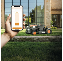 Robot tondeuse en fonctionnement, contrôlé via une application smartphone pour régler la hauteur de coupe