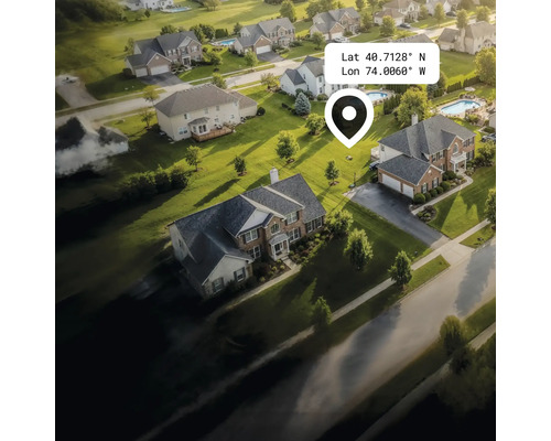 Vue aérienne d'un quartier résidentiel avec maisons, jardins et rues