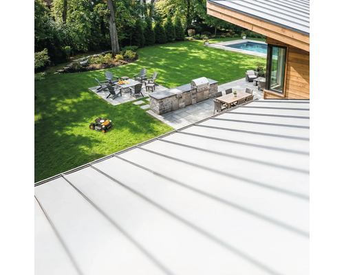 Vue d'ensemble d'un jardin avec coin barbecue, coin salon et robot tondeuse.