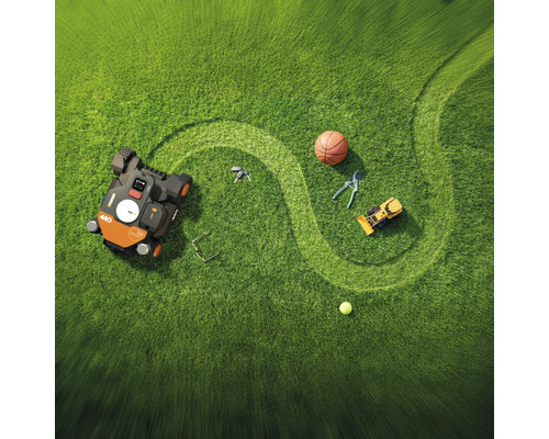 Vue de dessus d'une pelouse avec un robot tondeuse, un ballon de basket, un jouet de machine, un sécateur, une balle de tennis, des lunettes et des clés