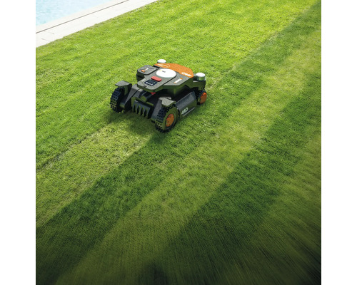 Une tondeuse robotisée tond une pelouse.