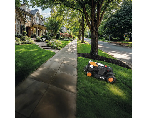 Un robot tondeuse tond la pelouse devant une maison.