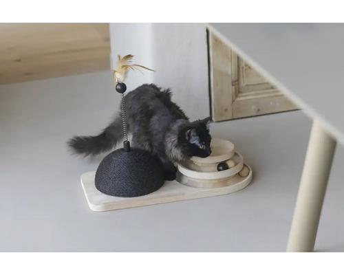 Katze spielt mit einem interaktiven Katzenspielzeug aus Holz und Sisal