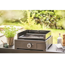 Plancha Forge Adour sur une table avec des ustensiles de cuisine et une plante en arrière-plan