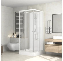 Helles Badezimmer mit Dusche, Toilette, Waschbecken und Heizkörper