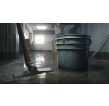 Scène avec dégâts d'eau, seau et raclette sur sol inondé.