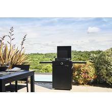 Außenszene mit Grill, Gartentisch und Pflanzen im Freien.